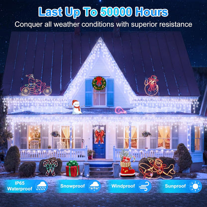1296LED Christmas Lights with 288 Drops, 131ft 8 Modes Christmas String Lights Outdoor, Waterproof Christmas Decorations Fairy Lights with Timer Memory for Xmas Party Patio Fence Tree Cool White