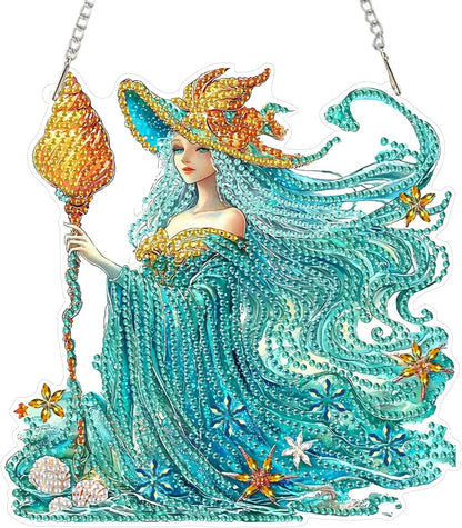 SENQAO Fairy Diamond Art Hanging Kit for Adult, Special Shaped Rhinestone, Double Sided DIY Acrylic Diamond Art Painting Window Pendants Home Garden Wall Hanging Kits Hanging Ornament (Shell Witch)