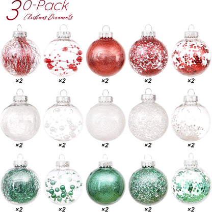 Sea Team 60mm/2.36" Shatterproof Clear Plastic Christmas Tree Ball Ornaments Set, Decorative Hanging Transparent Xmas Baubles with Stuffed Delicate Decorations (30 Counts, Elf)