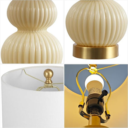 JONATHAN Y 20" Ivory/Brass Gold Ribbed Gourd Glass Table Lamp, Modern Bedside Lamp for Bedroom Living Room, White Linen Drum Shade, LED Bulb Included (JYL1099G)