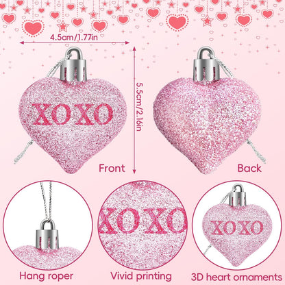 JULMELON 24Pcs Valentine's Day Heart Shaped Ornaments Romantic Valentines Conversation Heart Hanging Ornaments Decorations for Home Party Wedding Decor (Red, Pink and Silver)