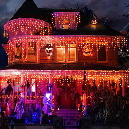 Orange Halloween Lights Outdoor, 33FT 400 LED Icicle Lights for Outside with 8 Modes Waterproof, Plug in Connectable Twinkle String Light for Indoor House Yard Patio Party Holiday Decorations