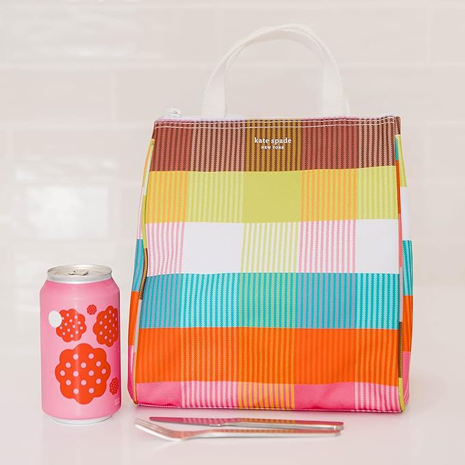 kate spade new york Portable Soft Cooler Lunch Bag, Thermal Tote with Insulated Interior Lining and Storage Pocket, Lunch Tote for Women, Rainbow Plaid