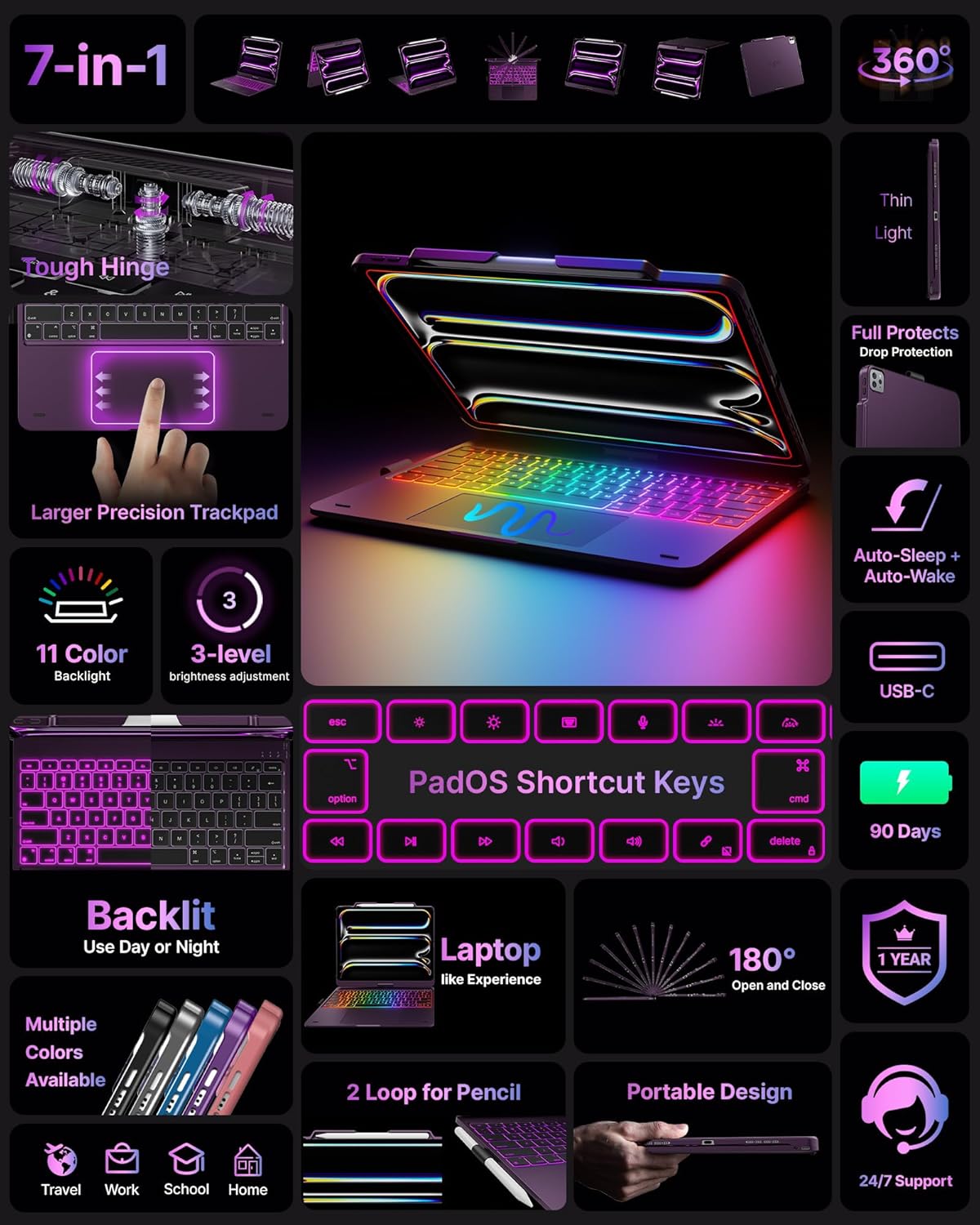 typecase Touch Case with Keyboard for iPad Pro 13-inch(M4, 2024), iPad Air 13-inch(M3, 2025/M2, 2024) & iPad Pro 12.9(6th/5th/4th/3rd Gen), Trackpad, 360° Rotatable, 11-Colors Backlit, Soft Purple