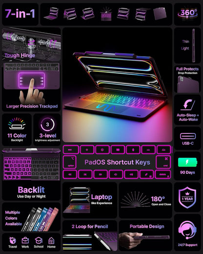 typecase Touch Case with Keyboard for iPad Pro 13-inch(M4, 2024), iPad Air 13-inch(M3, 2025/M2, 2024) & iPad Pro 12.9(6th/5th/4th/3rd Gen), Trackpad, 360° Rotatable, 11-Colors Backlit, Soft Purple