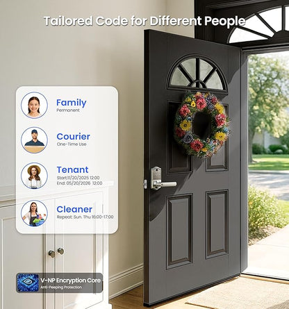 Veise VE019 Fingerprint Smart Lever Lock - APP Control, Keypad Door Lock with Handle, Keyless Entry for Front Door and Bedroom, Electronic Digital Knob, Remote Grant, IP55 Weatherproof, Satin Nickel