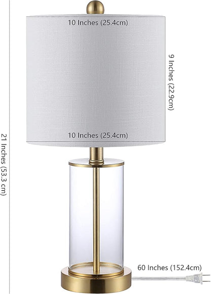 JONATHAN Y 21" Brass Gold Modern Glass Table Lamp Set of 2, Bedside Nightstand Lamps with USB Charging Port, White Linen Shade, LED Bulbs Included (JYL8500B-SET2)