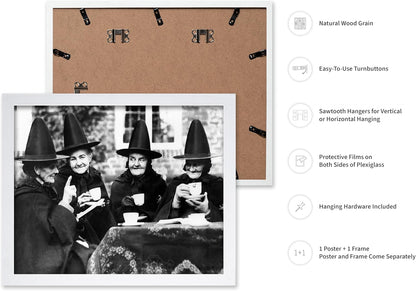 Poster Master Classic Photograph Poster - Vintage Halloween Print - Gift for Artist, Friend - Witches Tea Party, Old Women Smiling, Wearing Robes - Wall Decor for Living Room, 11x14 White Framed