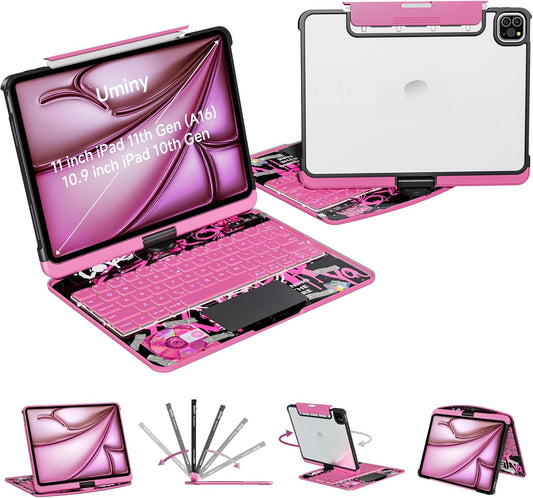 iPad Keyboard Case for iPad 10th Gen (2022) & 11th (A16, 2025), Magic Wireless Keyboard with Trackpad 7 Color Backlit, 360° Rotating Stand Transparent Protective Cover with Pencil Holder (Pink)