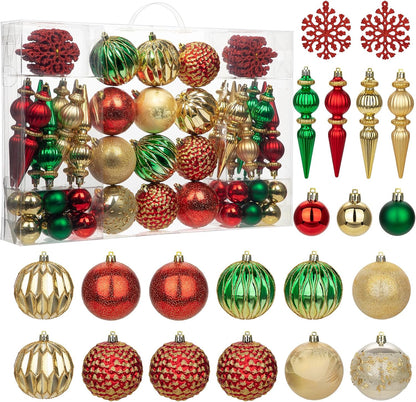 92ct Christmas Tree Decoration Set - Shatterproof Christmas Baubles with Strings for Wreath, Garland & Party Decoration, Red-Green