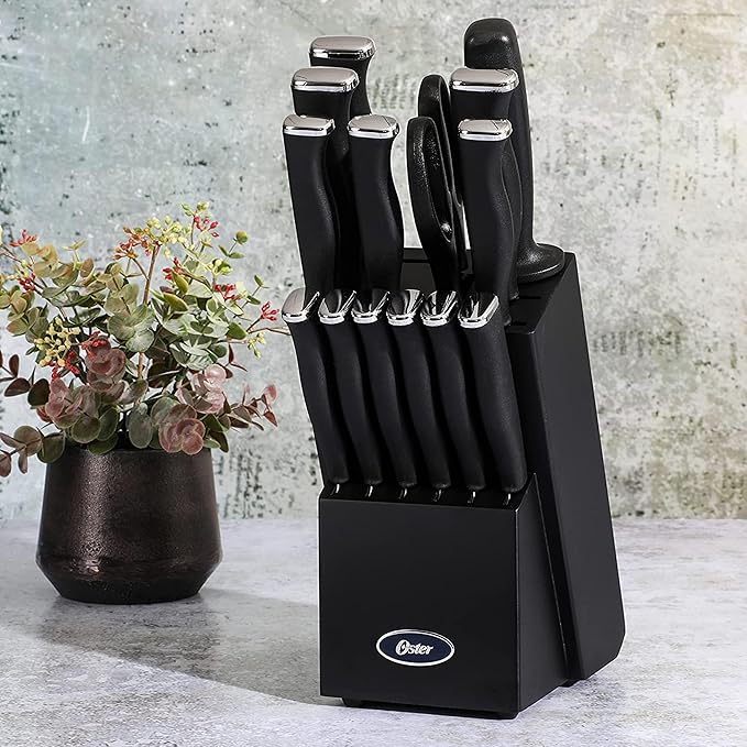 Oster Langmore 15-Piece Stainless Steel Knife Block Set with Black Handles – Full Kitchen Cutlery Set in Black Storage Box