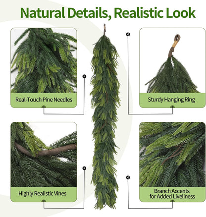 6FT Artificial Norfolk Pine Garland 2 Pack – Dense Green Christmas Garland, Real Touch Holiday Greenery for Front Door, Fireplace Mantel, Staircase, Indoor Outdoor Home Decoration