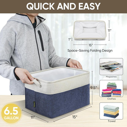 BALEINE 2 Pack Fabric Storage Bins for Shelves, Linen Storage Baskets for Organizing, Decorative Closet Bins for Clothes, Home (Navy Blue, 15"x11"x9.5") ﻿
