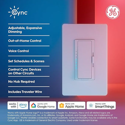GE Cync Paddle Dimmer Smart Switch, Highly Customizable Dimmer Switch, Works with Alexa and Google Home, Matter Compatible, Easy to Install Smart Light Switch (1 Pack)