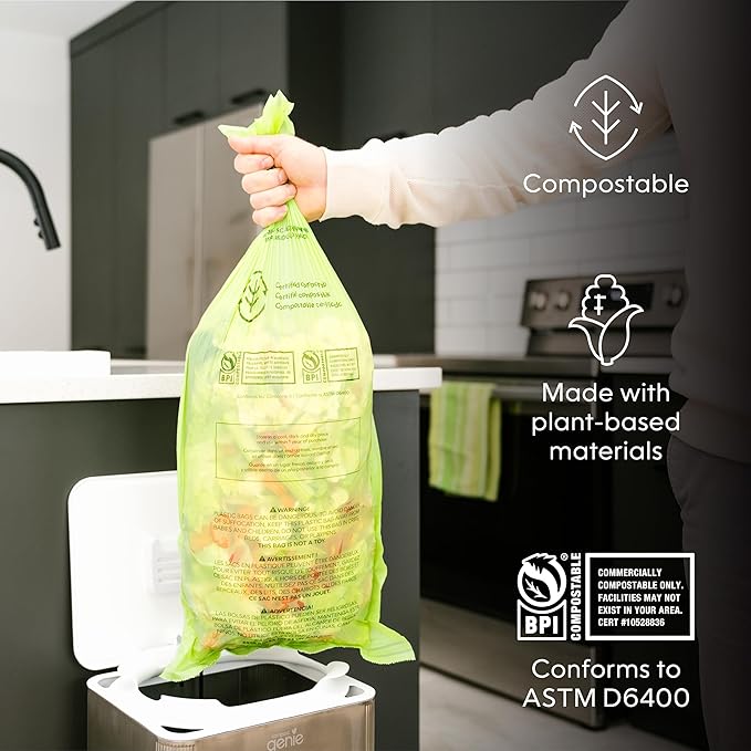 Kitchen Compost Bin, White Stainless-Steel Large, 3.6 Gallon, Indoor Odorless Composting, Hands-Free, Washable Parts, Includes 8 Tear-Off Compostable Bags and 4 Carbon Filters