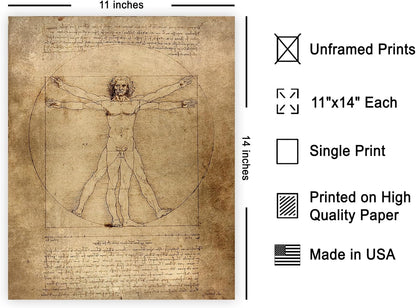 Poster Master Vintage Leonardo Da Vinci Poster - Retro Vitruvian Man Print - Drawing Art - Renaissance Art - Gift for Men & Women - Decor for Living Room, Bedroom or Office - 11x14 UNFRAMED Wall Art