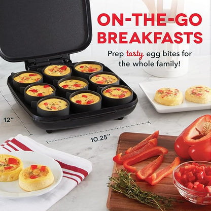 Dash Family Size Egg Bite Maker - Electric Egg Bite Maker with Non-Stick Silicone Cups - Space-Saving Design & Quick Cleanup - Make Sandwiches, Healthy Snacks & Desserts - 9 Servings, Black