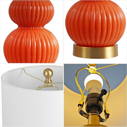 JONATHAN Y 20" Orange/Brass Gold Ribbed Gourd Glass Table Lamp, Modern Bedside Lamp for Bedroom Living Room, White Linen Drum Shade, LED Bulb Included (JYL1099E)