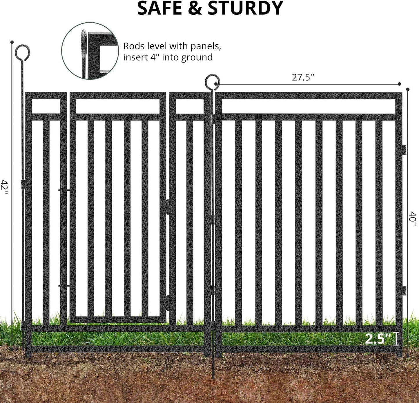 Decorative Garden Fence Metal Dog Fence Outdoor for Yard, 92ft (L) × 40in (H), 35 Panels + 5 Gates, Rustproof Animal Barrier Fencing for Patio & Flower Bed, No Dig, Black-Silver