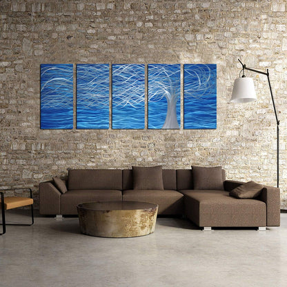 Unique Metal Wall Sculpture, Metal Wall Art with Tree Painting Design, Abstract Modern and Contemporary Décor, Aluminum Blue Artwork, Indoor and Outdoor decoration, 5 panels 64"Wx24"H