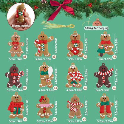 36pcs Gingerbread Man Ornaments for Christmas Tree, Assorted Gingerbread Figurines Ornaments, Christmas Tree Hanging Decorations, 3 Inch Tall
