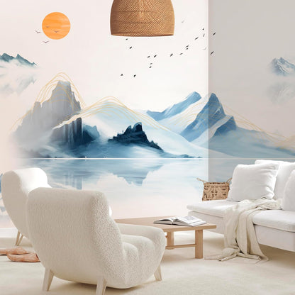 artgeist Wall Mural Peel and Stick Mountains 212x98 in - XXL Self-Adhesive Corner Wallpaper Removable Large Sticker Foil Angle Wallpaper Mountains Lake Birds Landscape c-C-10113-a-a
