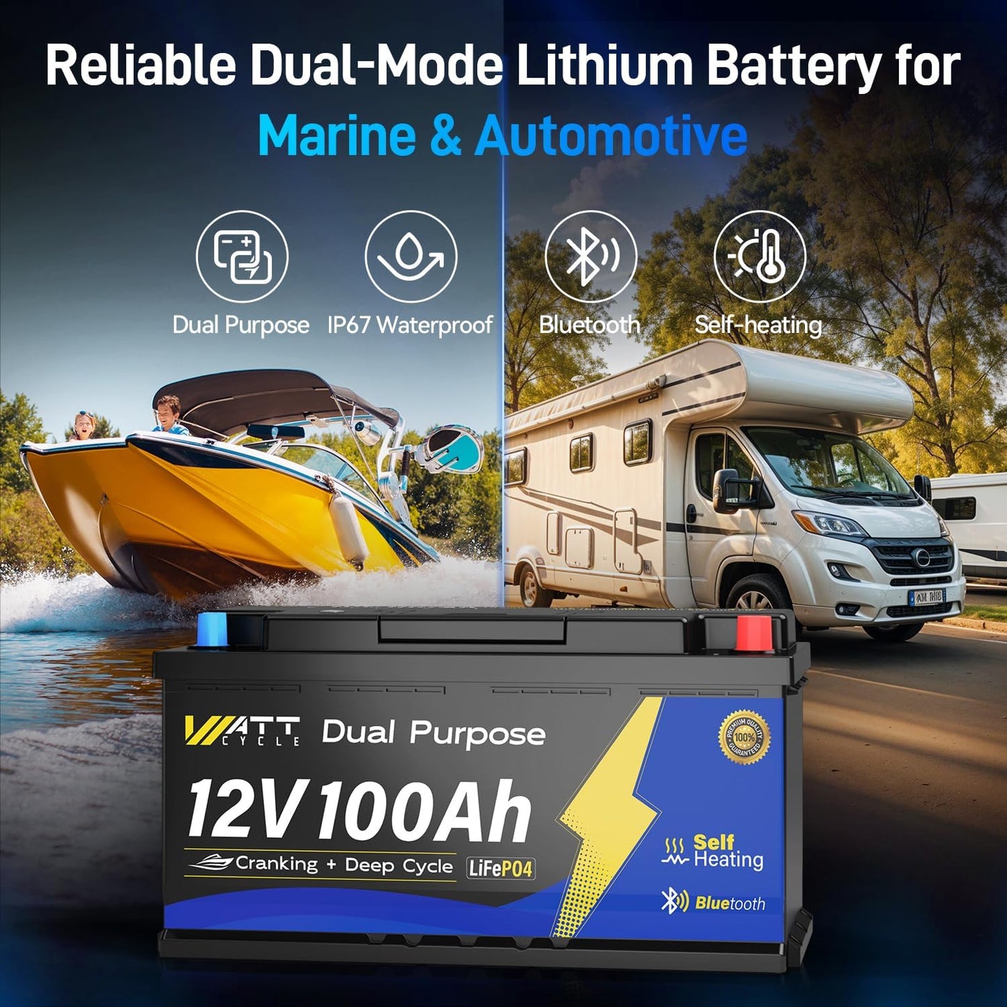 12V 100Ah Bluetooth LiFePO4 Battery, [Cranking &Deep Cycle] Lithium Battery with Self-Heating, Built-in 200A BMS, Perfect for Trolling Motor, RV, Marine, Boat(4 Pack)