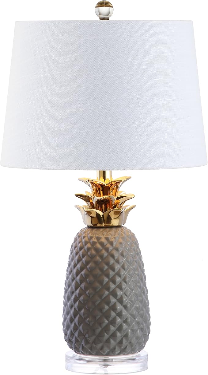 JONATHAN Y 23" Gray/Gold Pineapple Ceramic Table Lamp for Bedroom Decor, Modern Whimsical Bedside Nightstand Lamp with White Linen Drum Shade and LED Bulb (JYL4019B)