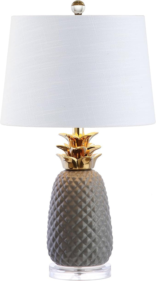 JONATHAN Y 23" Gray/Gold Pineapple Ceramic Table Lamp for Bedroom Decor, Modern Whimsical Bedside Nightstand Lamp with White Linen Drum Shade and LED Bulb (JYL4019B)