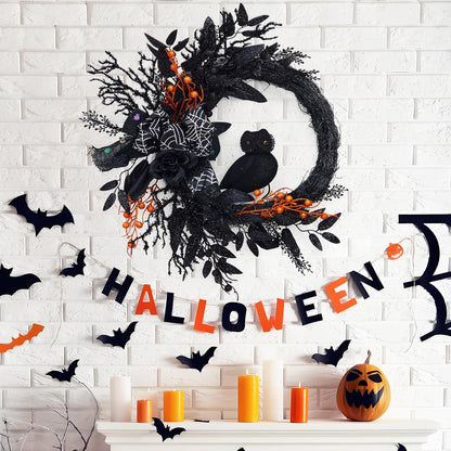 20 Inch Halloween Owl Wreath for Front Door - Gothic Garland with Natural Vines & Black Roses, Outdoor Indoor Decor for Porch, Wall, Window, Party Home Decor