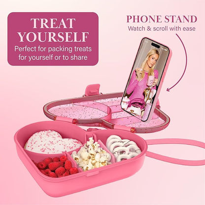 Paris Hilton Bento-Style Heart-Shaped Snack Box Set, Customizable 4-Compartment Containers with Removable Dividers, Built-In Phone Stand & Removeable Wrist Strap, 2-Pack, Pink