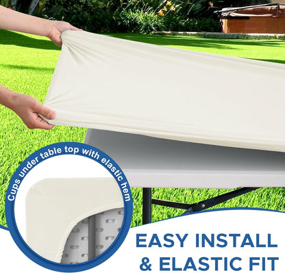Fitted Tablecloth for 8 Foot Rectangle Tables-4 Pack Cream Elastic Outdoor Picnic Table Cover-Spandex Stretch Folding Table Cloths 8ft for Camping Dining Room Patio Kitchen Banquet Party