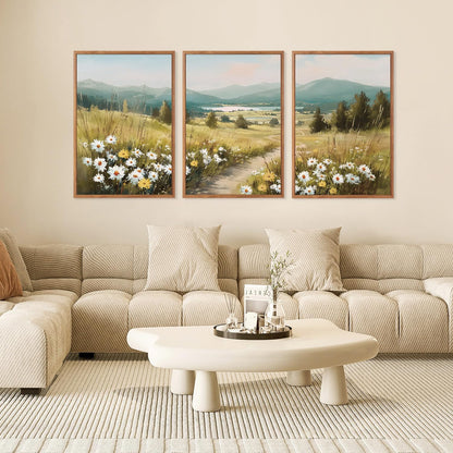KAIRNE Field Canvas Wall Art,Vintage Landscape Wall Decor,Wildflower Prints Set of 3(16”X24”),Nature Botanical Floral Posters,Rustic Paintings for Kitchen Living Room Bedroom Farmhouse Decor,Framed