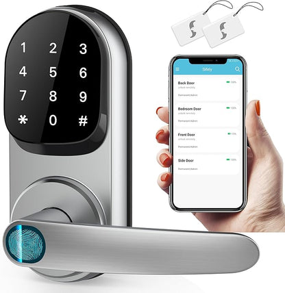 Sifely Keyless Entry Smart Lock - Fingerprint & Keypad Access, Front Door Handle, Silver