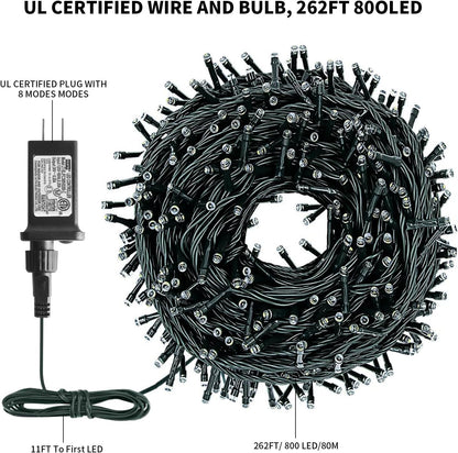 XTF2015 262FT 800 LED Christmas String Lights, Christmas Lights End to End Plug 8 Modes Memory Function with Timer, UL Certified Outdoor Indoor Fairy Light Christma s Tree, Patio, Party (Warm White)