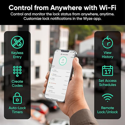 Wyze Auto-Lock Bolt v2, Fingerprint Keyless Entry Smart Lock, AI Learning Scanner with Wi-Fi Front Door Lock Deadbolt, Auto-Lock, 8 Months Battery, BHMA2, IP53, Anti-Peep Keypad, Backup Keys