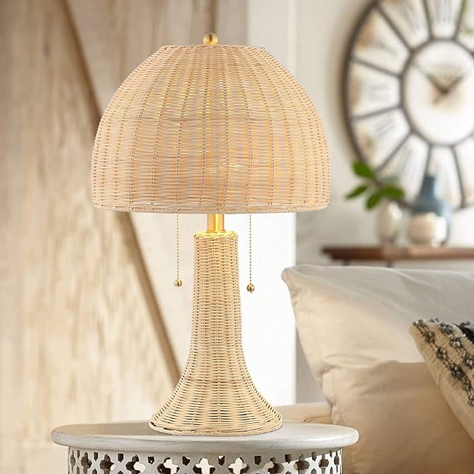 JONATHAN Y 22" Natural/Brass Gold Bohemian Rustic LED Table Lamp for Bedroom, Natural Rattan Shade, Farmhouse Coastal Nightstand Lamp for Living Room, LED Bulbs Included JYL4040A