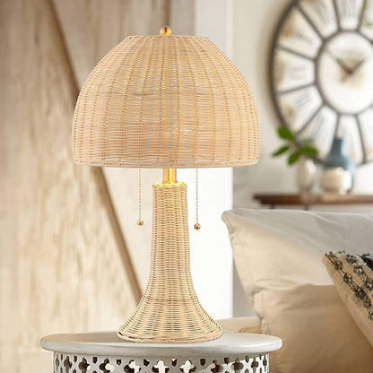 JONATHAN Y 22" Natural/Brass Gold Bohemian Rustic LED Table Lamp for Bedroom, Natural Rattan Shade, Farmhouse Coastal Nightstand Lamp for Living Room, LED Bulbs Included JYL4040A