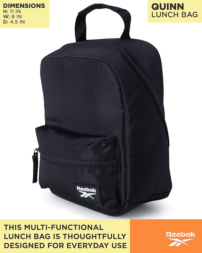 Reebok Mens and Womens Lunch Bag - Portable Insulated Work Lunch Box for Women and Men with Two Compartments and Handle, Quinn Black