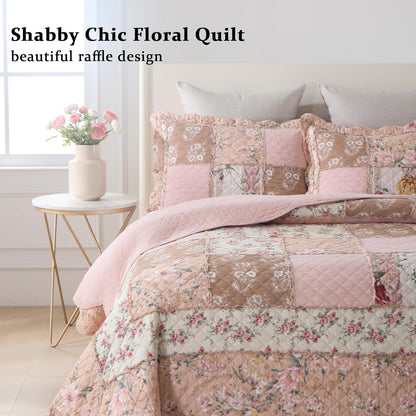 Yvooxny Quilts King Size Patchwork Pink Floral Quilt Set Vintage Shabby Chic Botanical Floral Quilted Bedspread 3-Piece Quilt Set with Ruffle for All Seasons, King Size, 106 * 98 Inches