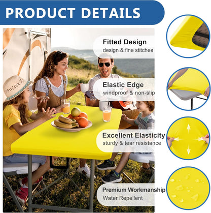 Fitted Tablecloth for 8 Foot Rectangle Tables-4 Pack Yellow Elastic Outdoor Picnic Table Cover-Spandex Stretch Folding Table Cloths 8ft for Camping Dining Room Patio Kitchen Banquet Party