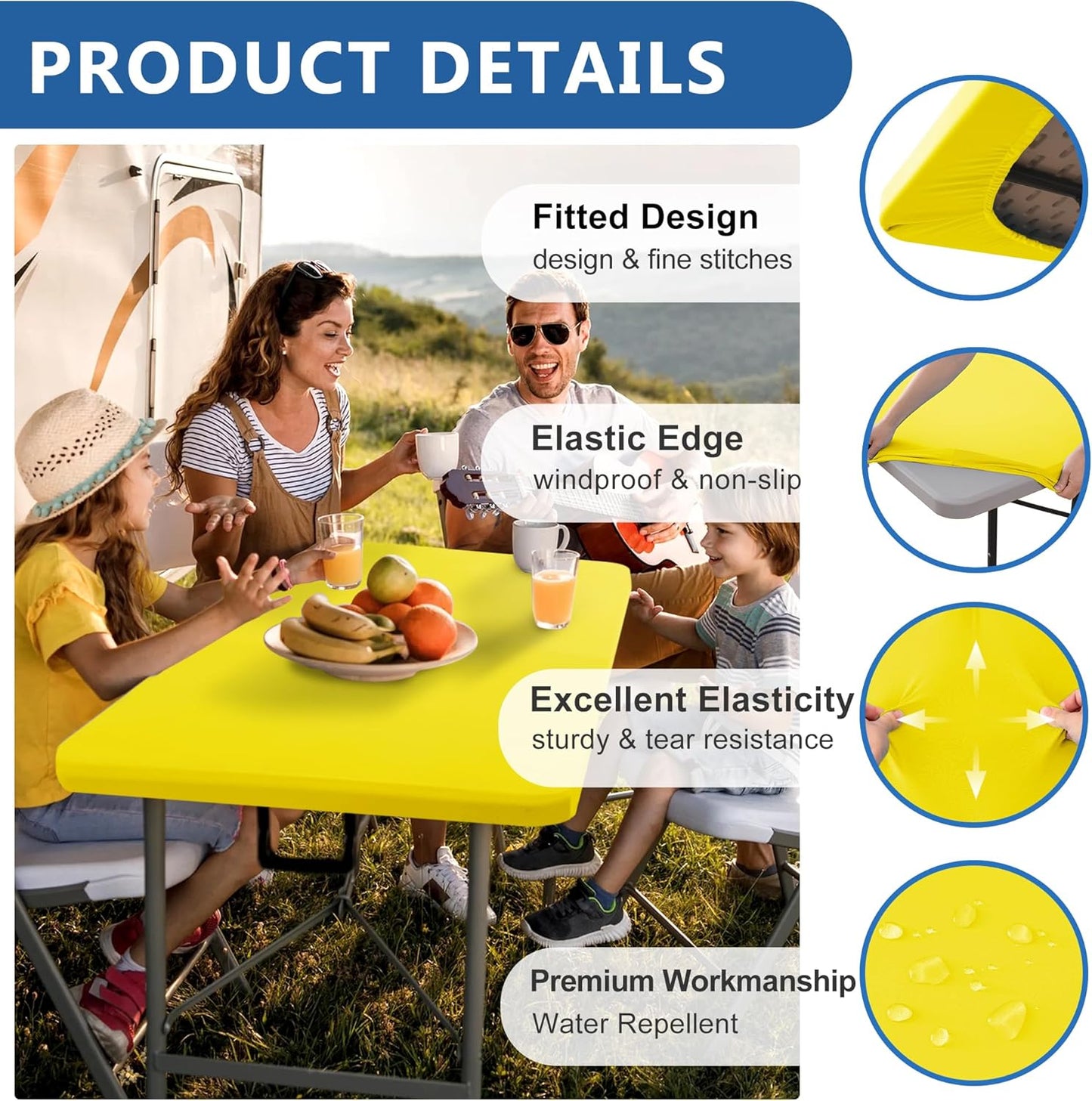 Fitted Tablecloth for 8 Foot Rectangle Tables-6 Pack Yellow Elastic Outdoor Picnic Table Cover-Spandex Stretch Folding Table Cloths 8ft for Camping Dining Room Patio Kitchen Banquet Party