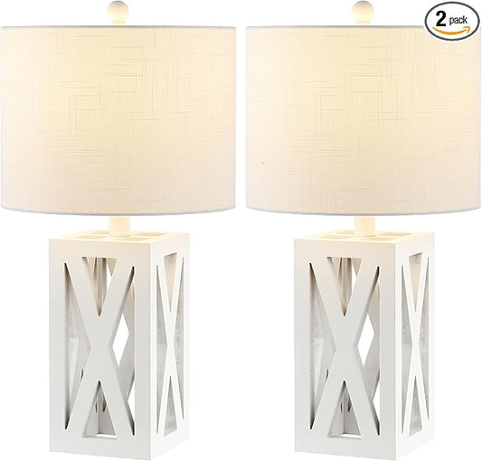 JONATHAN Y 21.5" White Farmhouse Wood Table Lamp for Bedside and Living Room, White Linen Drum Shade, Rustic Modern Desk Lamp for Bedroom, LED Bulb Included (JYL1062B-SET2)