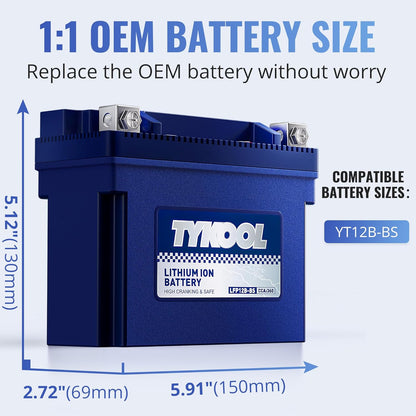 TYKOOL YT12B-BS, 3X Cranking Amps,Lithium LiFePO4 Motorcycle Battery, 12V 6Ah, 360CCA,Powersports Battery, Compatible for Ducati,Kawasaki 1000cc,Triumph 865cc,Yamaha 600cc,1000cc,Piaggio Vespa Scooter