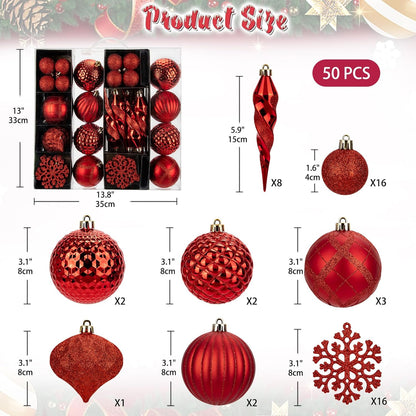 50PCS Christmas Tree Ornaments Set with Shatterproof Balls Icicle Snowflake Hanging Ornaments for Home Office Farmhouse Christmas Decorations, Red