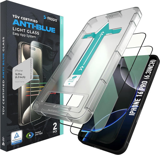Deppa |2 Pack| for iPhone 16 Pro (6.3') Anti-Blue Light Screen Protector | Scratch Resistant Tempered Glass | 3D Edge to Edge Coverage | Easy Installation Kit | Eye Safeguard TÜV Certified