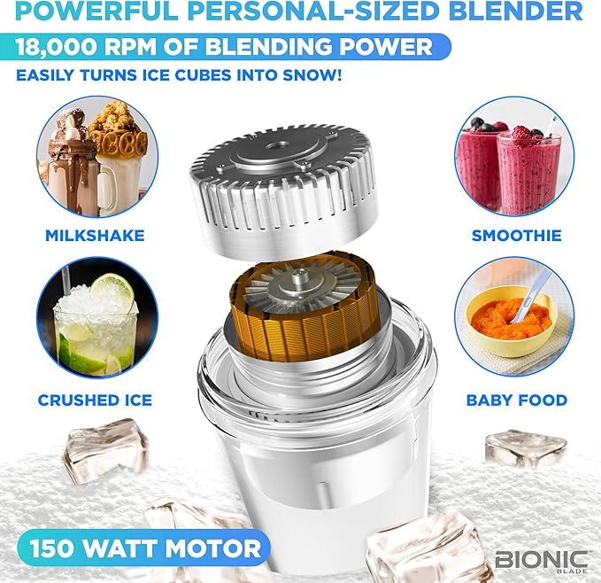 Bionic Blade Personal Portable Blender 26.5 oz with Extra Shaker & Lid, Cordless & Rechargeable, Airtight Mini Blender for Smoothies, Shakes, Juices & Sauces, White, As Seen on TV