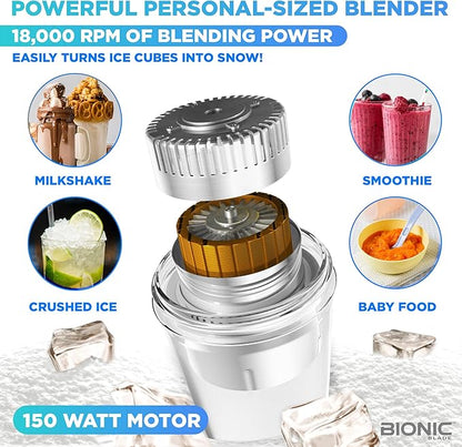 Bionic Blade Personal Portable Blender 26.5 oz with Extra Shaker & Lid, Cordless & Rechargeable, Airtight Mini Blender for Smoothies, Shakes, Juices & Sauces, White, As Seen on TV