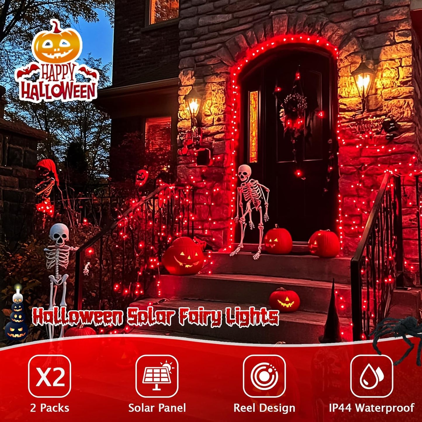 JMEXSUSS 2 Pack Red Solar Lights Outdoor Waterproof, Each 33FT 100 LED Red Halloween Lights, Solar Fairy String Light for Outside Tree Party Patio Christmas Halloween Decorations