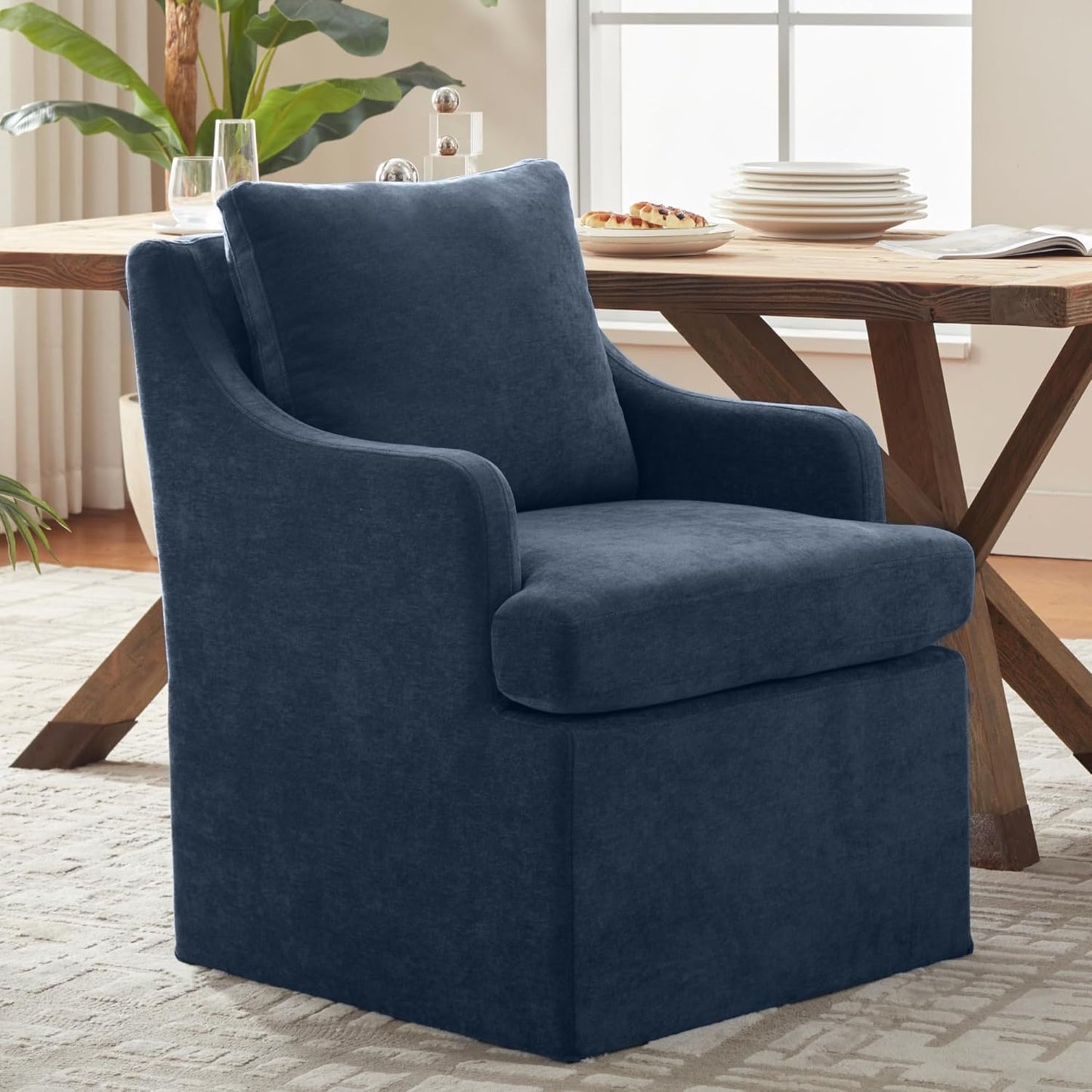 VKNOW Upholstered Dining Chairs, Modern Kitchen Chairs Dinner Chairs with 4 Casters, Linen Armchair for Bedroom Reading Room Living Room, Navy